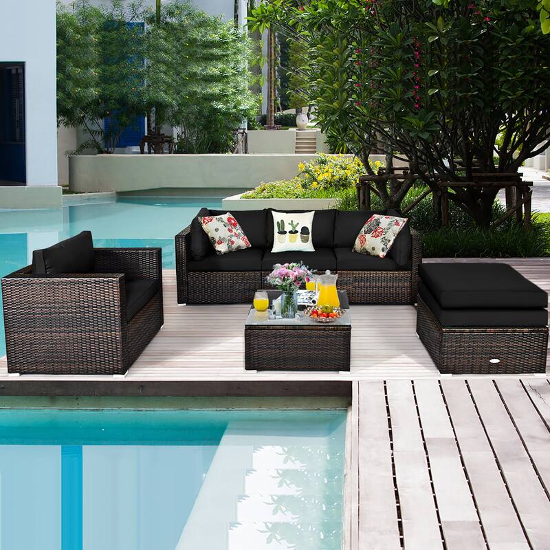 6PCS Patio Rattan Furniture Set Outdoor Conversation Set w/ Cushions