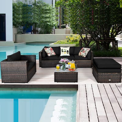 6PCS Patio Rattan Furniture Set Outdoor Conversation Set w/ Cushions