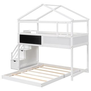White Twin Over Full House Bunk Bed with Storage Staircase Blackboard ...
