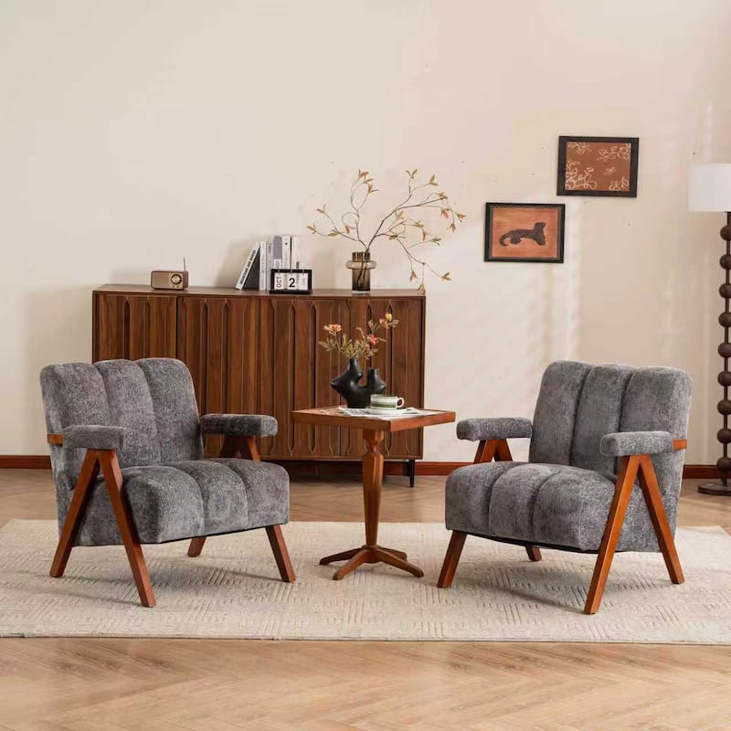 Mid Century Modern Accent Chair, Chenille Armchair with Solid Wood Legs, Channel Tufted Comfy Reading Chair for Living Room - Set-of-2-Grey