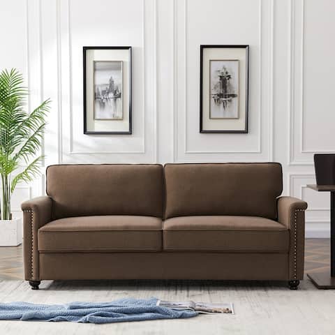 Linen 3-Seat Living Room Sofa with Eucalyptus Wood Frame and Rubber Wood Legs, Nailheads Decor&Cushion, Brown