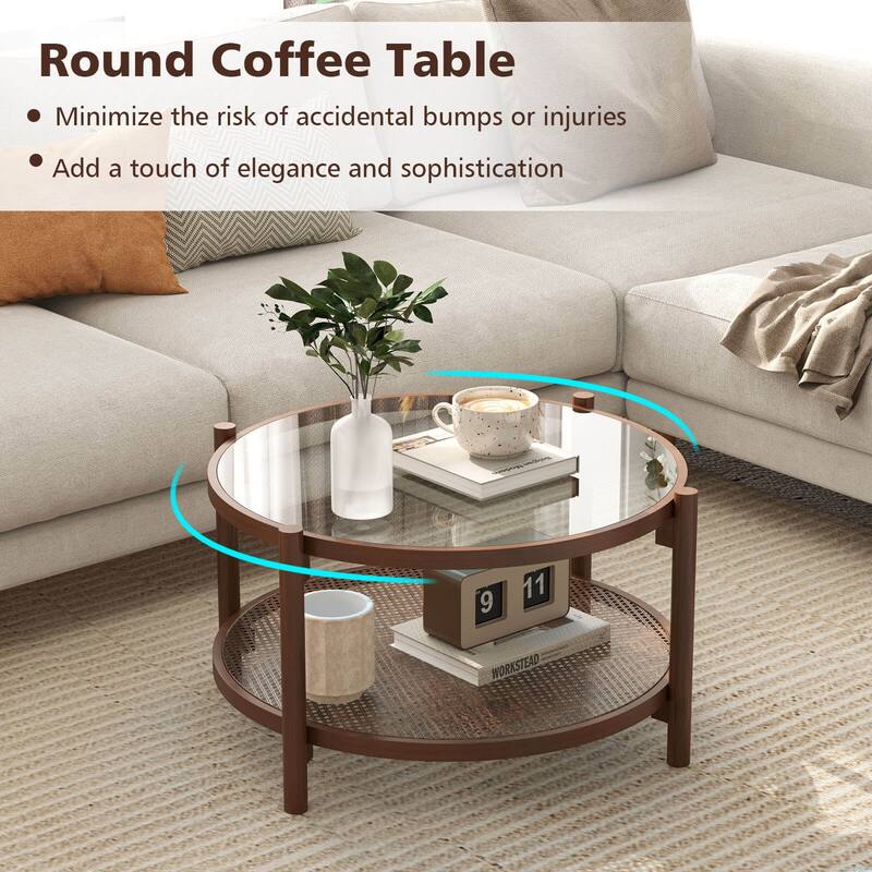 Costway Wooden 31" Round Coffee Table with Tempered Glass Top Handmade - Cherry+Transparent - See Details