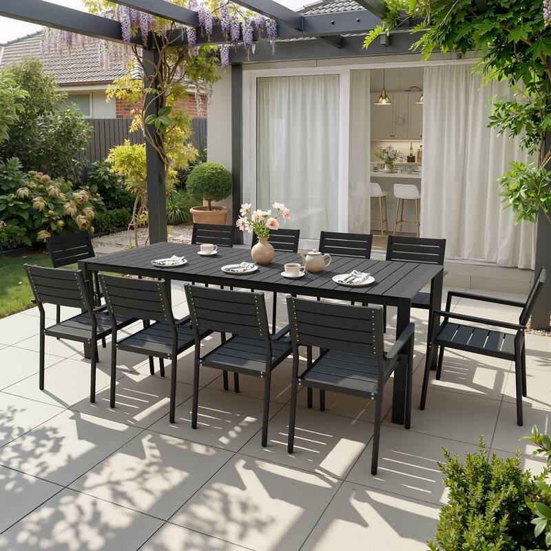 7/9/11-Piece Patio Dining Set Outdoor Aluminum Rectangle Dining Table and Stackable Chairs - Black - Set of 11