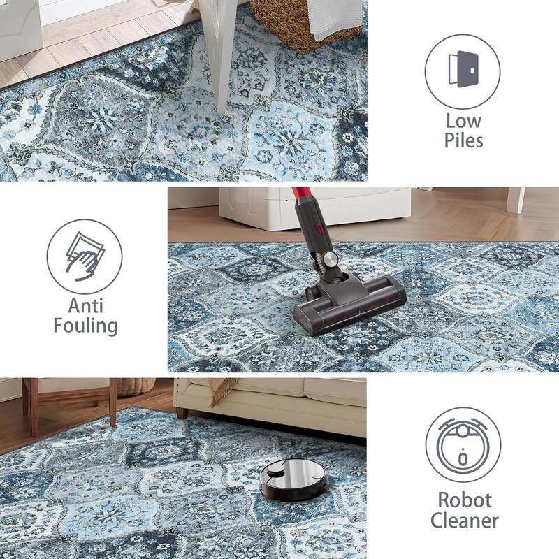 Rugs for Living Room Vintage Oriental Trellis Area Rug Soft Non Slip Low Pile Accent Rugs for Dining Room Office