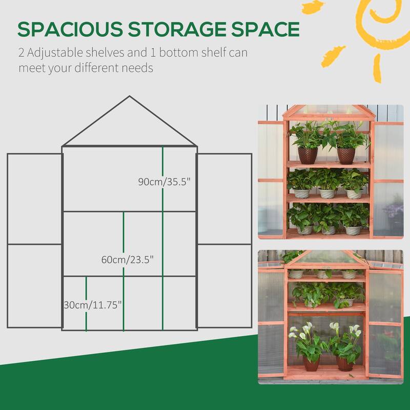 Outsunny 32" x 19" x 54" Garden Wood Cold Frame Greenhouse Flower Planter with Adjustable Shelves, Double Doors, Orange