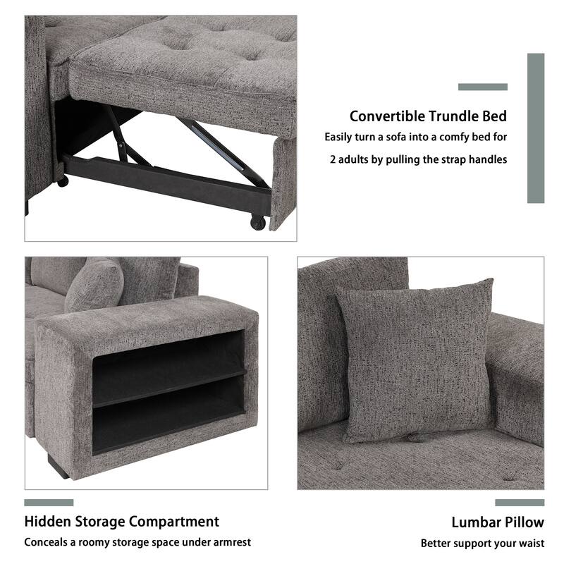 104.5" Linen L-Shaped Sectional Sofa with Pull-Out Bed and Storage Chaise, Includes 2 Stools