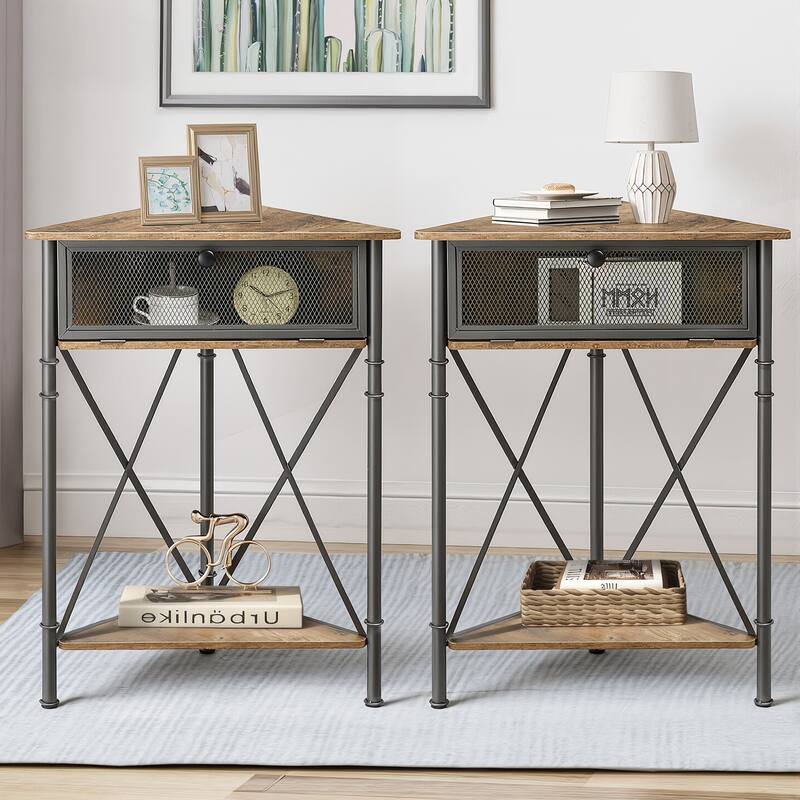 VECELO Modern Set of 2 Corner Nightstands Storage Corner Cabinet with Flip Door - Grey