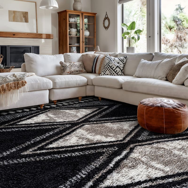 Geometric Grid Shag Rug - Anthracite Dark Gray - Medium Pile - Durable for Living Room, Bedroom, or Entryway