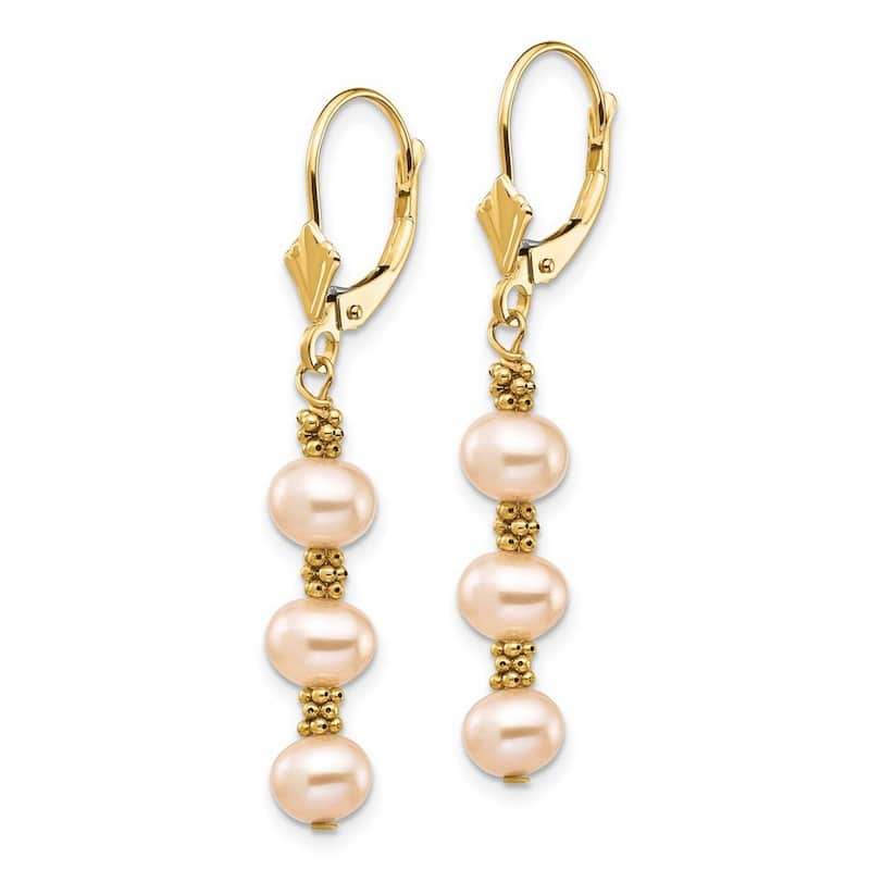 Curata 14k Yellow Gold 5-6mm Pink Semi Round Freshwater Culutured Pearl Leverback Earrings (41.45mm)