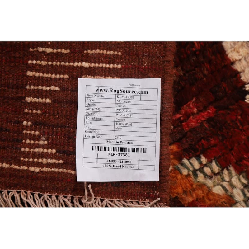 Red Tribal Geometric Moroccan Area Rug Hand-knotted Wool Carpet - 6'8" x 9'6"