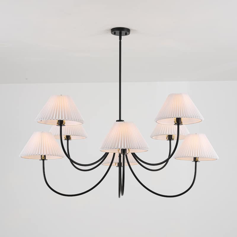 8/5-Light Mid-Century Modern Gold/Black Chandelier with Pleated Fabric Lampshades Hanging Light for Living Room, Dining Room