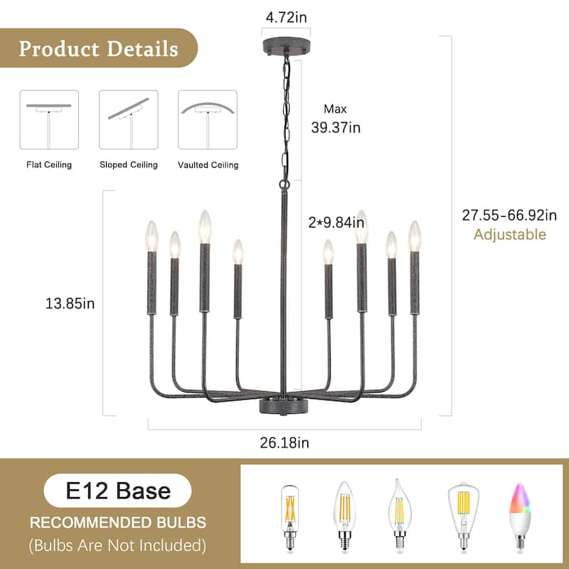 8-Light Farmhouse Traditional Candle Chandelier for Dining Room Bedroom Living Room
