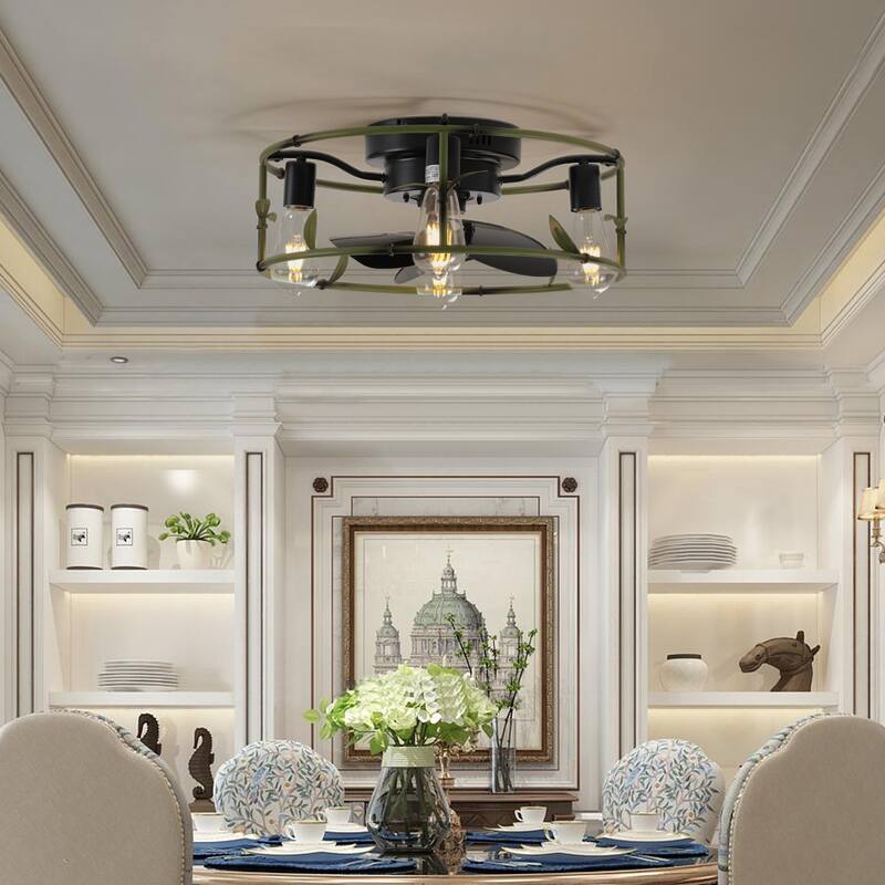 Modern Flush Mount Ceiling Fan Light with Light and 6 Adjustable Wind Speeds, Cage Design for Bedroom and Living Room