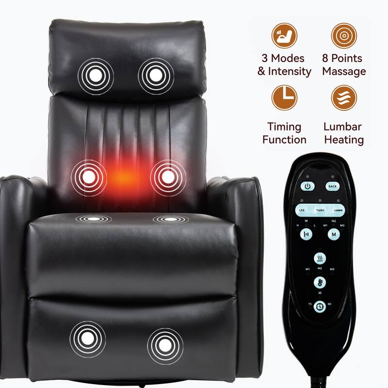 Faux Leather Swivel Recliner Chair, Manual Recliner Chair with Heat & Massage, Glider Rocker Chair with Side Pocket