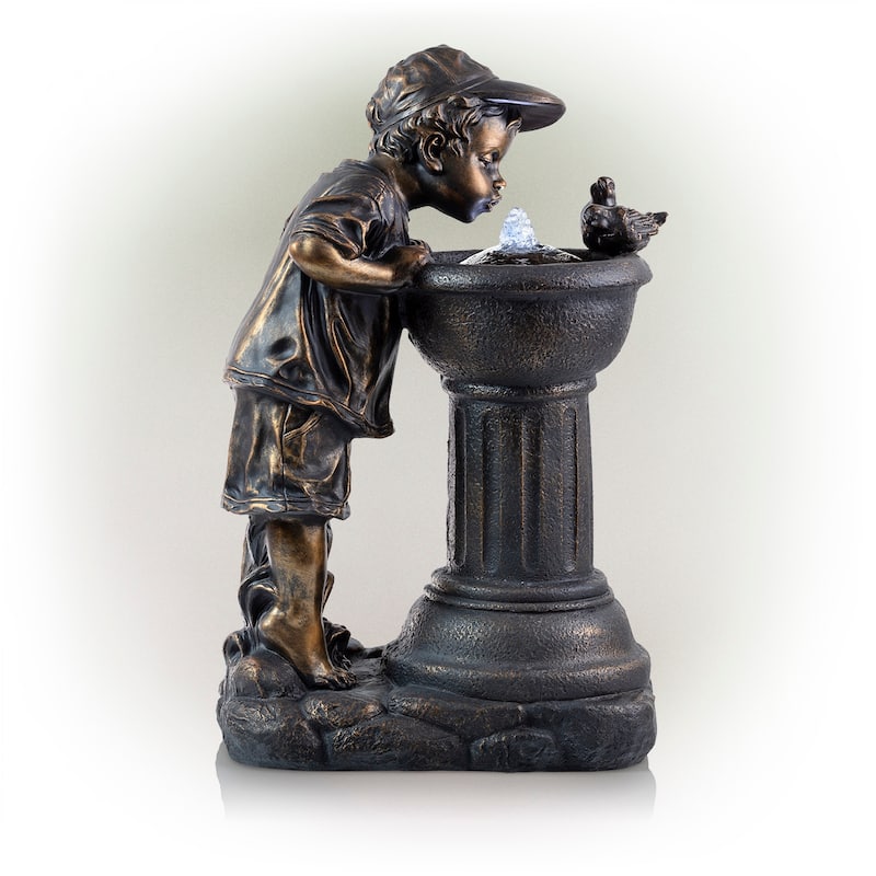 Alpine Corporation Outdoor Floor Joyful Boy and Girl Drinking Water Fountain, Playful Garden Waterfall with LED Lights