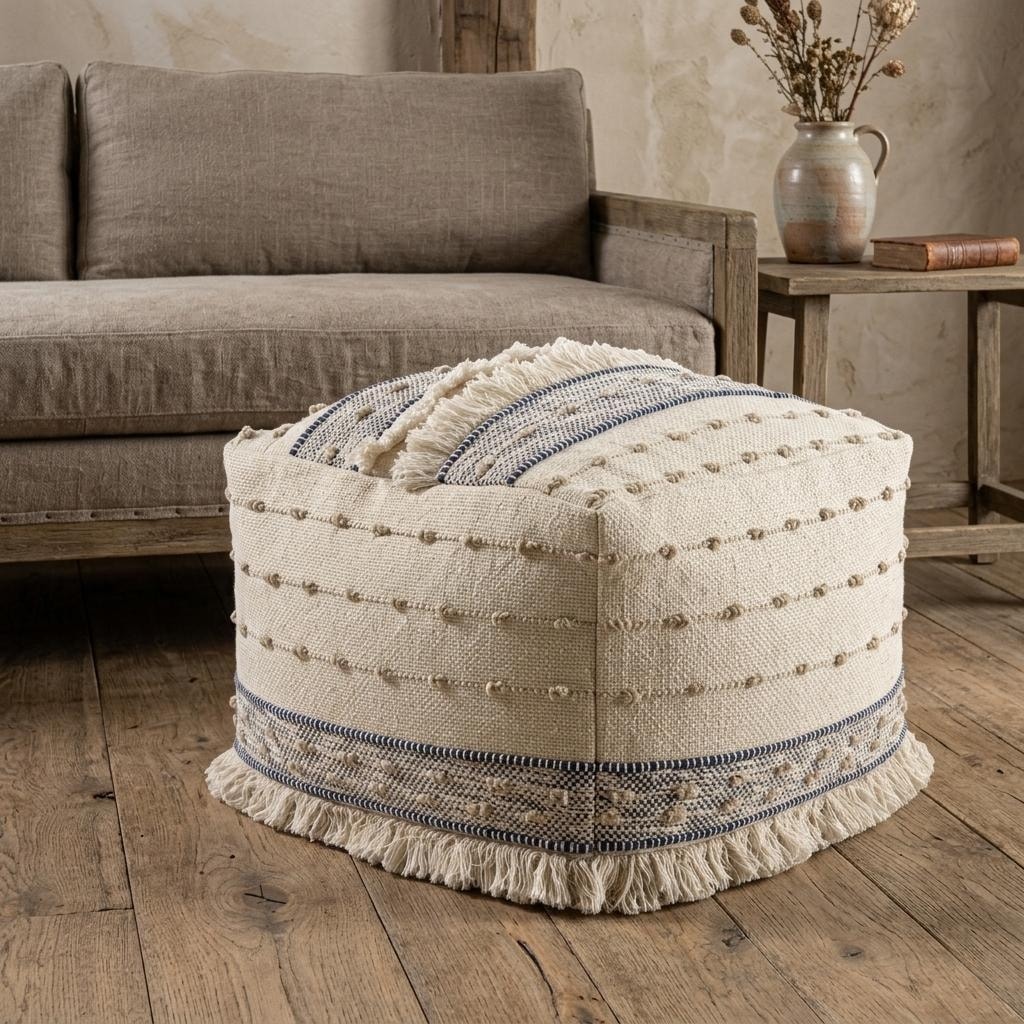 HomeRoots 18" Ivory and Navy Blue Cotton and Wool Striped Pouf Ottoman