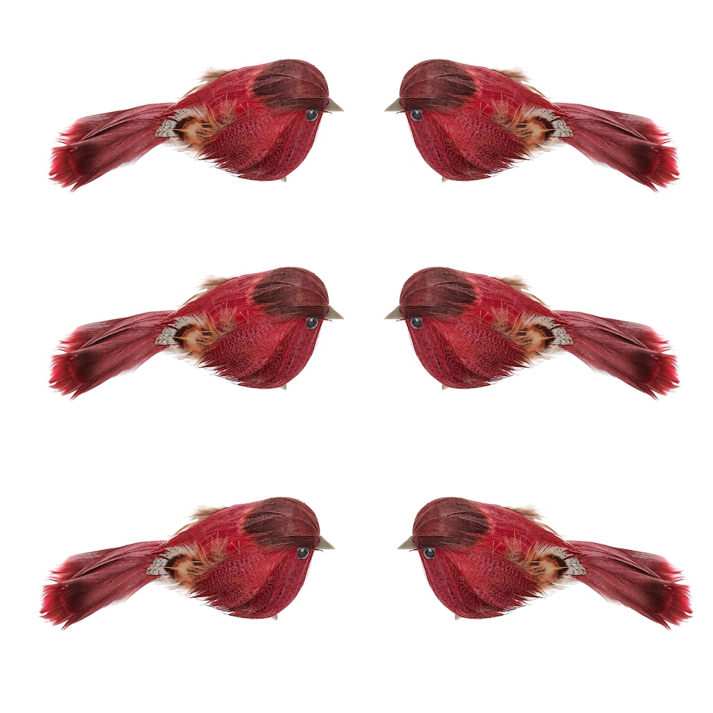 4.5" Feathered Bird with Metal Clip, Burgundy, Set of 6 - 4.5