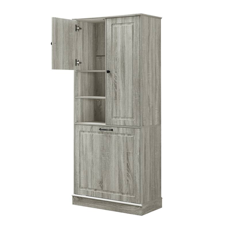 Roomfitters 67" Tall Storage Cabinet with Flip-Out Basket & Adjustable Shelves, MDF Linen Tower for Bathroom & Office