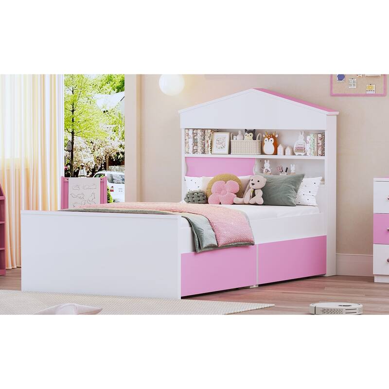 Twin Size Wood Platform Bed with Storage Shelf , Built-in Two Storage Drawers