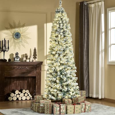 HOMCOM 6FT/7FT/9FT Slim Flocked Christmas Tree with Lights, Skinny Christmas Tree with Stand