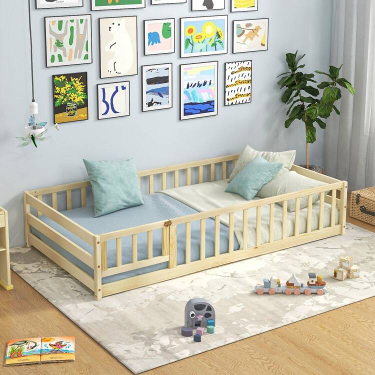Twin Size Kids Wood Montessori Floor Bed with Door and Fence