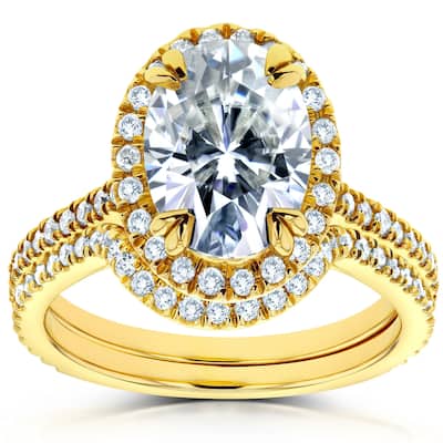 Kobelli 2 Carats Moissanite & Natural Diamond Solid 14k Yellow Gold Oval Halo 2pc Bridal Set