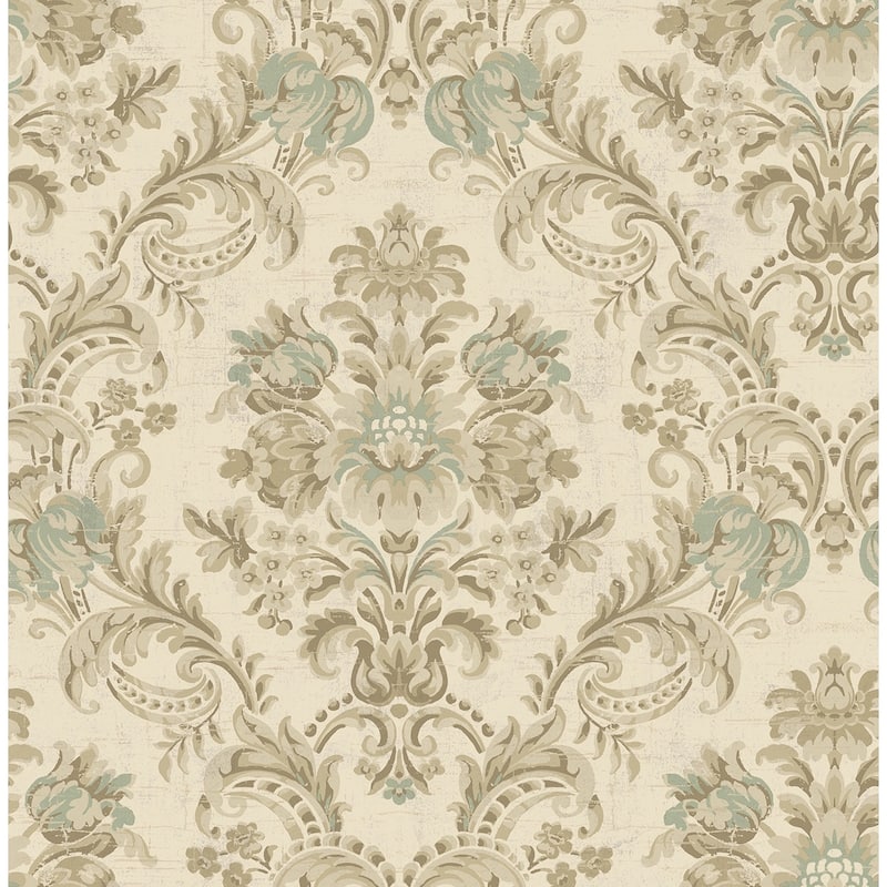 Seabrook Designs Berit Floral Damask Unpasted Wallpaper - 20.5 in. W x 33 ft. L - Metallic Tan & Dusty Blue
