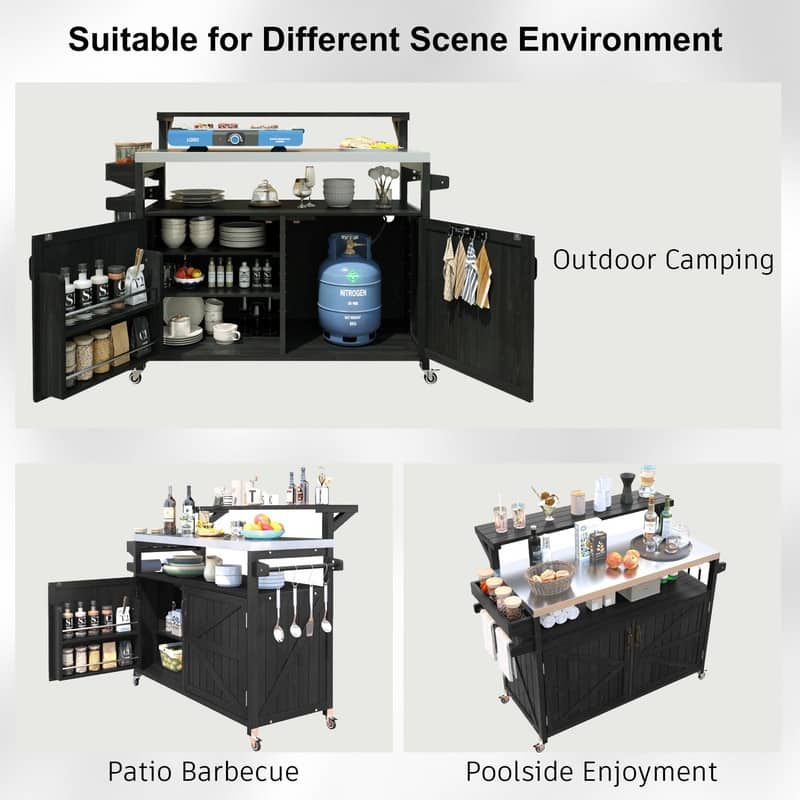 Outdoor Kitchen Island, Solid Wood Storage Cabinet with Stainless Steel Top and Lockable Wheels