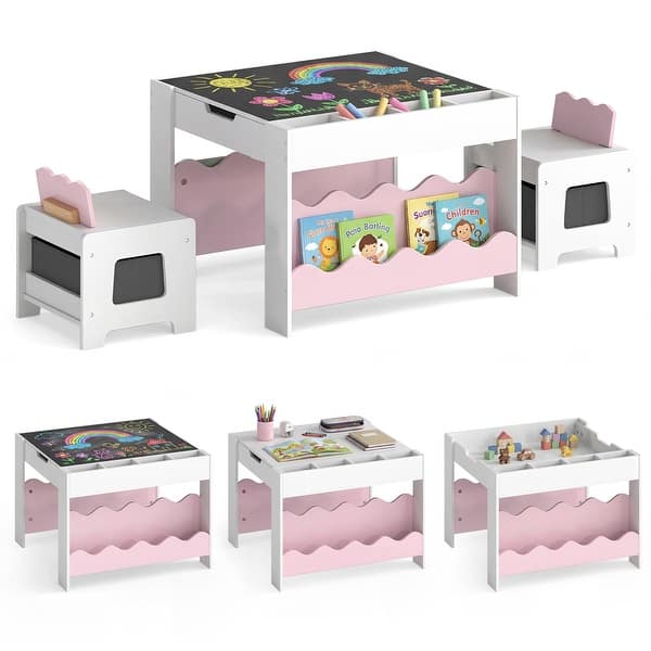 slide 2 of 33, Costway Wooden Kids Table and Chairs Set with Double-sided Tabletop, White + Pink