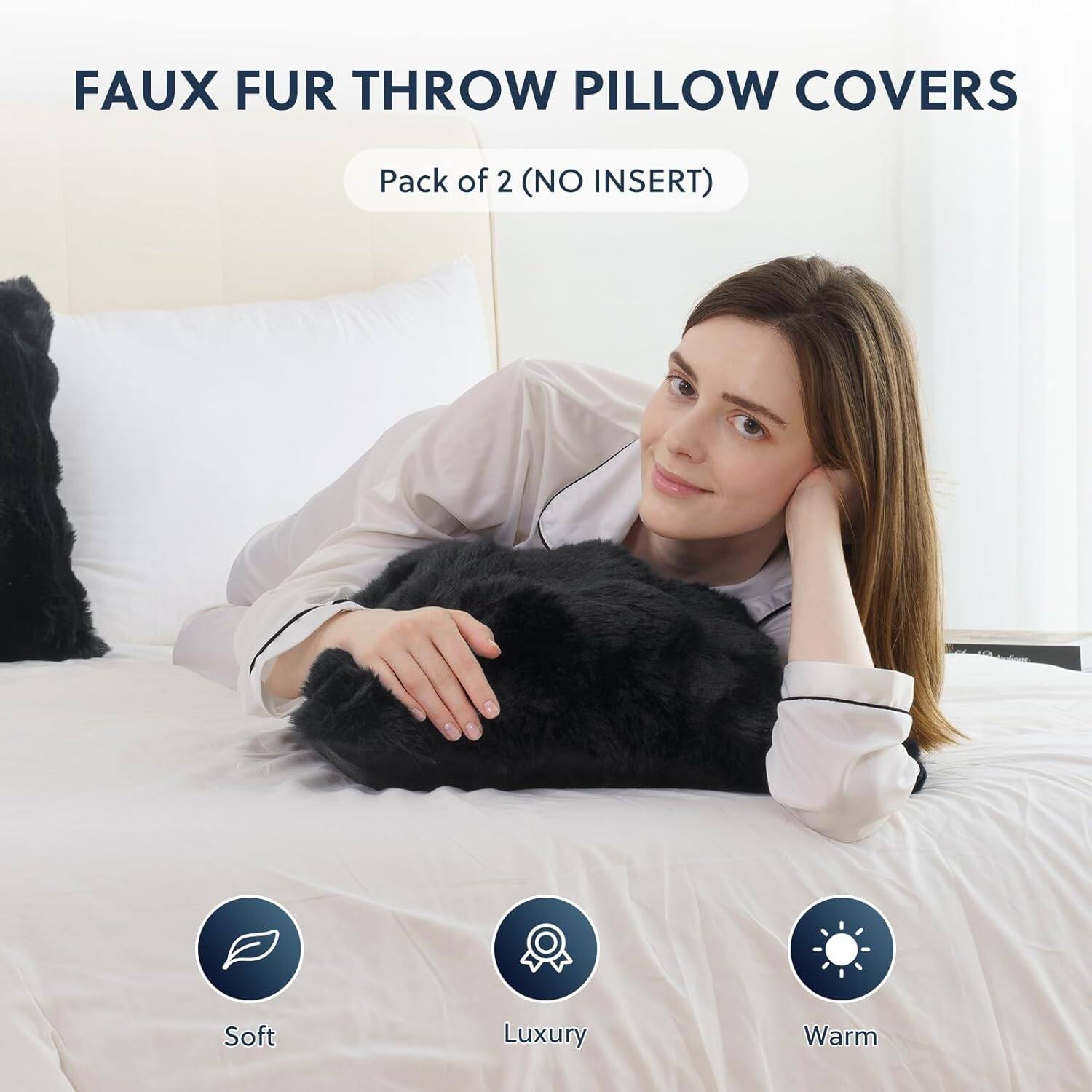 Faux Rabbit Fur Throw Pillow Covers Set of 2 Soft Fluffy Decorative