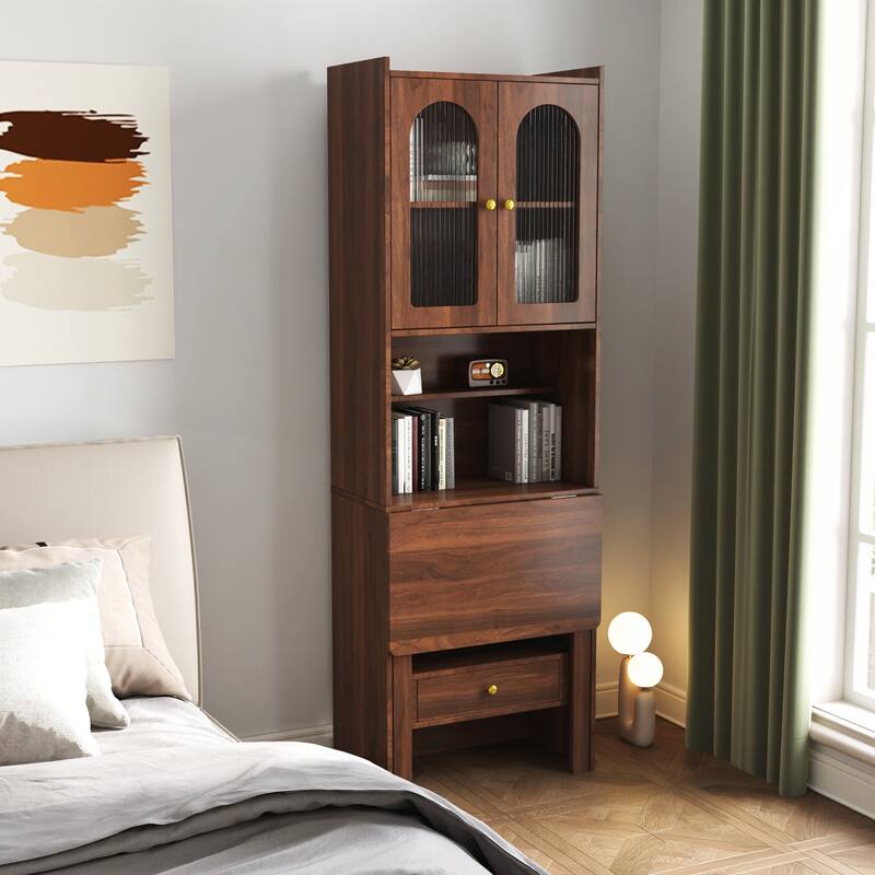 Fold-Out Convertible Desk Cabinet with Shelf and Drawer for Multi-Function Home Office Workstation