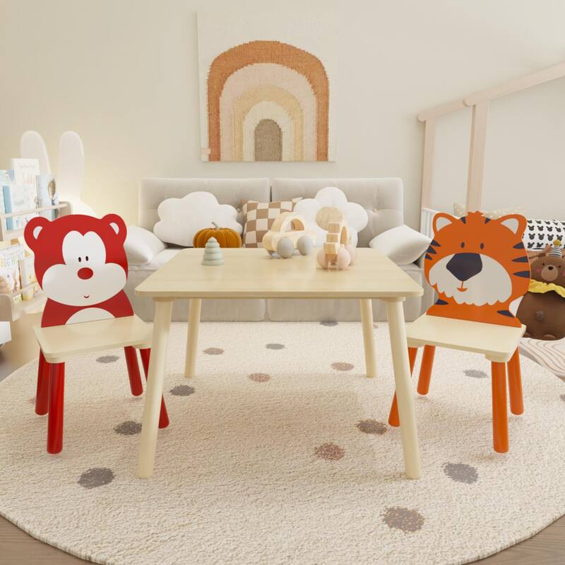 Anmytek Toddler 3-Piece Wooden Table and Chair Set Kids Activity Desk with Animal Backrest for Playroom Nursery