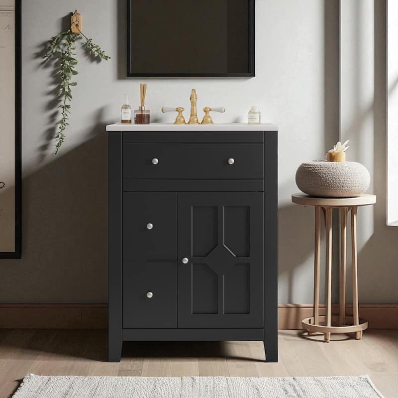 24" Bathroom Vanity with Ceramic Sink, Small Modern Cabinet with 2 Drawers & Adjustable Shelf, Soft-Closing Door - Black
