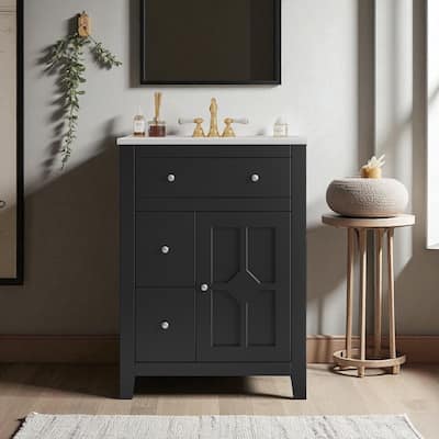 24" Bathroom Vanity with Ceramic Sink, Small Modern Cabinet with 2 Drawers & Adjustable Shelf, Soft-Closing Door
