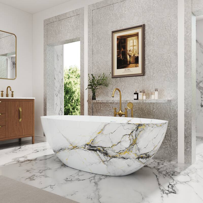 65 in. x 30 in. Solid Surface Freestanding Soaking Bathtub in Matte White with Kunshan Snowflake Marble Pattern, Center Drain
