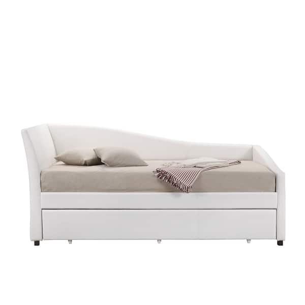 Jedda Upholstered Twin Daybed with Trundle, Sloped Back&Side Panel, White PU Bed Bath & Beyond