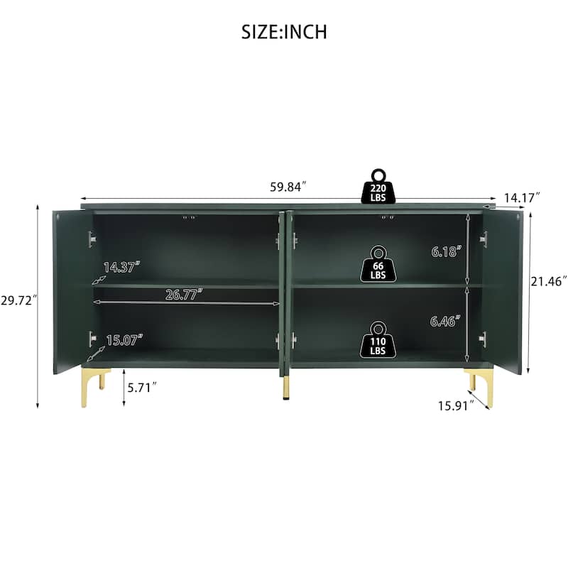 60" 4-Door Sideboard Cabinet with Carved Door Panels and Adjustable Shelves for Entryway Dining Room Living Room