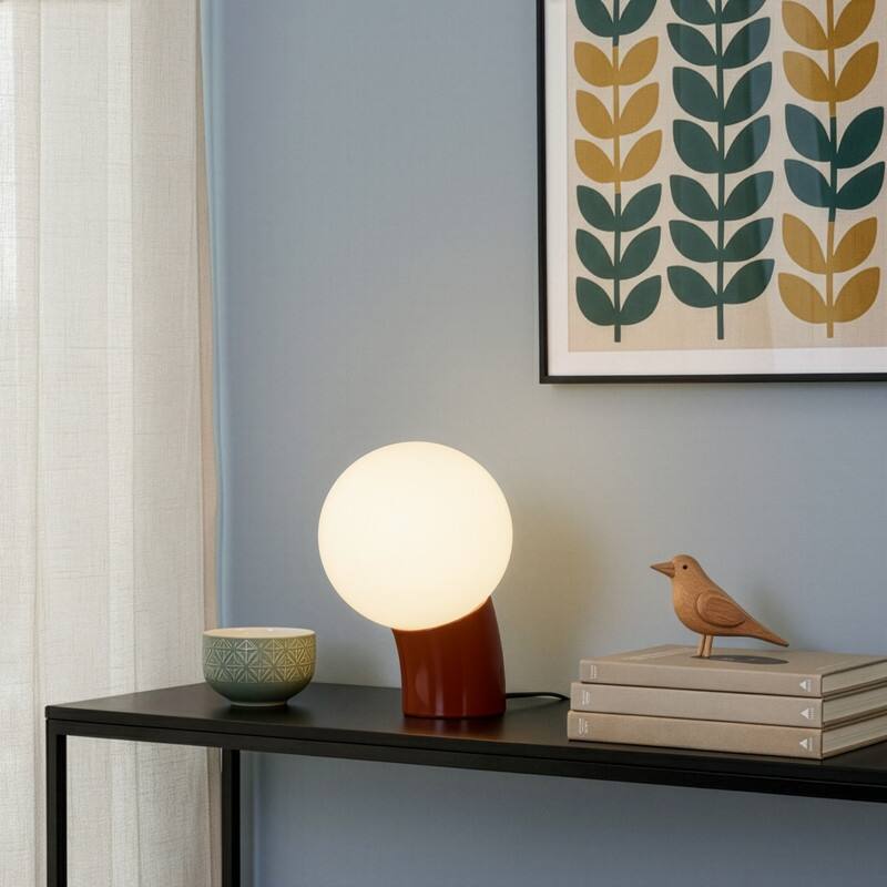 Vino LED 7.95 in Glossy Red Midcentury Round Globe Dimmable Bedside Nightstand Desk Lamp with Fast Charging USB-C Port