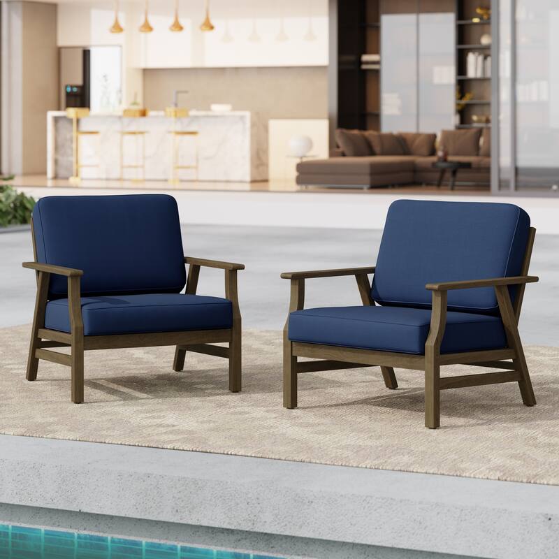 Jamie 2 Set 31" W Outdoor Acacia Wood Club Chairs with Cushions - Brown Wood - Navy