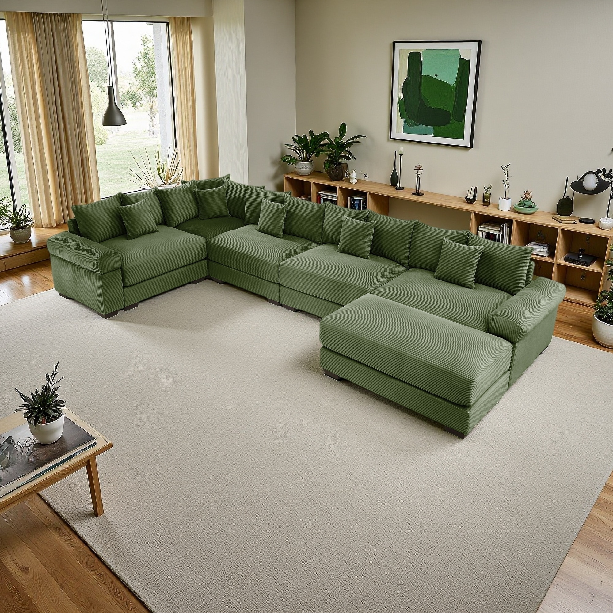 154.6" Corduroy Modular Cloud Sectional Sofa with Ottoman Included and Extra-Wide Armrests (5-Seater)