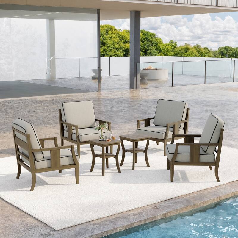 6-Piece Outdoor Teak Seating Set Armchair Patio Conversation Sets with 2 Tables, Cushion