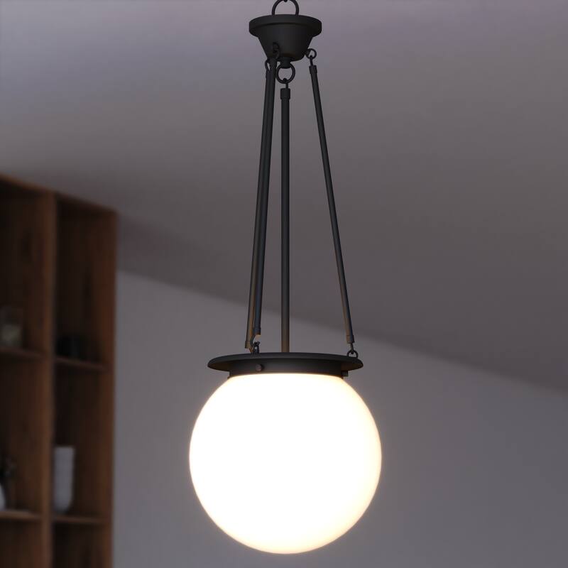 VAXCEL Kent 1-Light 11.75 in. Wide Globe Mini Pendant with White Frosted Opal Glass Shade, Hanging Ceiling Fixture - Matte Black - 11.75-in W x 34.75-in H x 11.75-in D