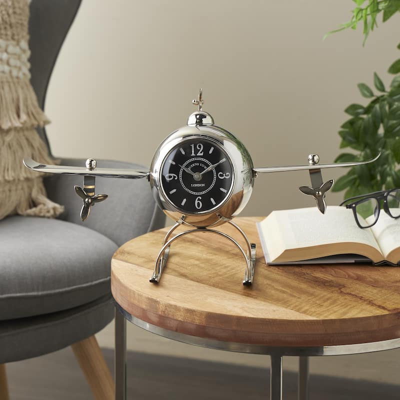 Stainless Steel Metal Airplane Rounded Decorative Clock with Propellers - Silver - Roche River Decor