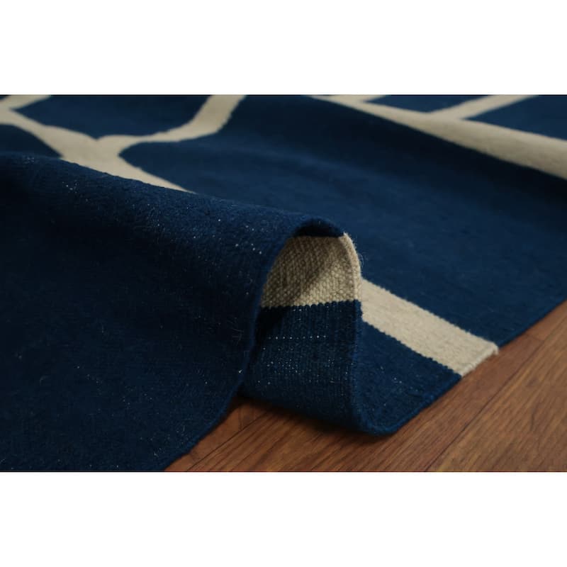 Hand Woven Oriental 100% Wool Carpet Southwestern Modern Navy Blue & Blues Kilim Area Rug - 12' 0'' X 8' 8''