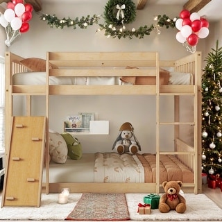 Floor Bunk Bed with Climbing Ramp,Ladder and Safety Guardrail,Twin Over Twin for Bedroom