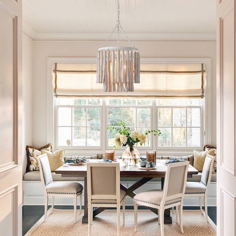 17" 4-Light Coastal 2-Tier Round Fringe White Wood Chandelier - 16.93 " D x 16.93 " W x 29.13" H