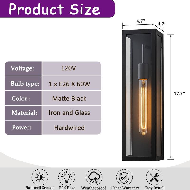 CraftHome H18" Modern Minimalist Black Outdoor Wall Lantern with Clear Glass Dusk to Dawn Outdoor Exterior Wall Light - W5''