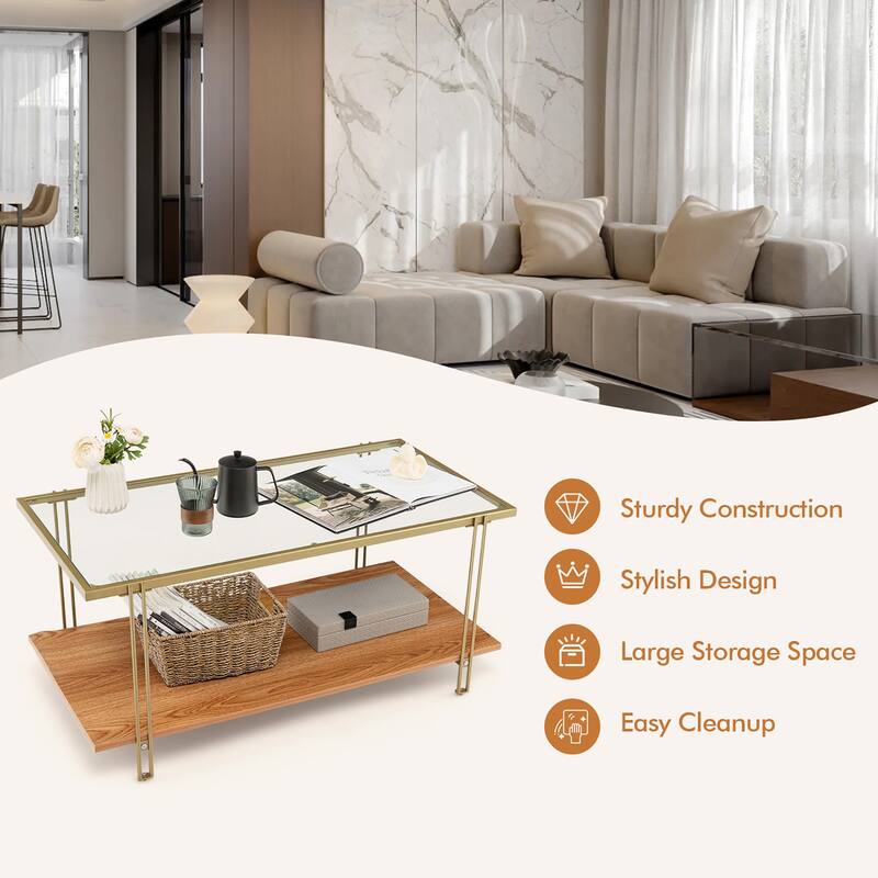 Gymax Coffee Table Rectangle Glass Top w/ Storage Shelf & Gold Steel
