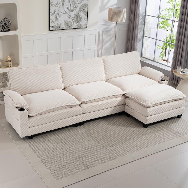 113" L Shaped Sectional Sofa, Deep Seat Cloud Couch with Ottoman, Oversized Corduroy Couch with Cup Holders, Storage Bags