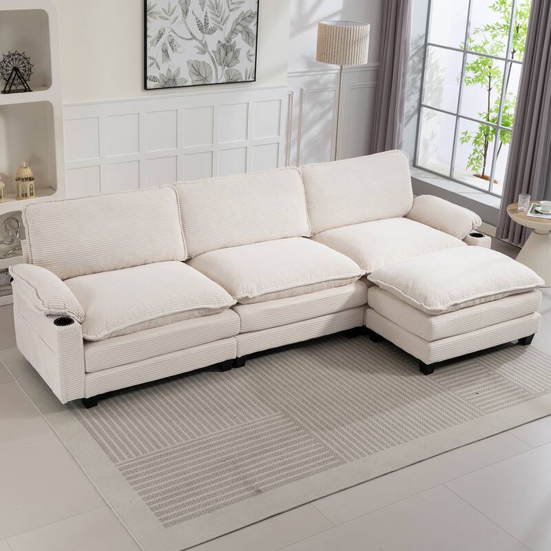 L-Shaped Modular Sectional Sofa with Ottoman, Oversized Corduroy Upholstered Cloud Couch with Cup Holders & Side Pockets